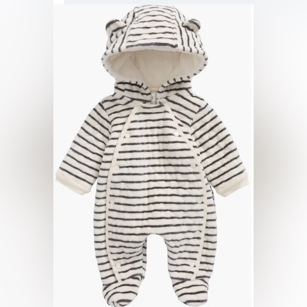 Plush snuggly hooded bunting with fold-over hand mitts and a snap-up front